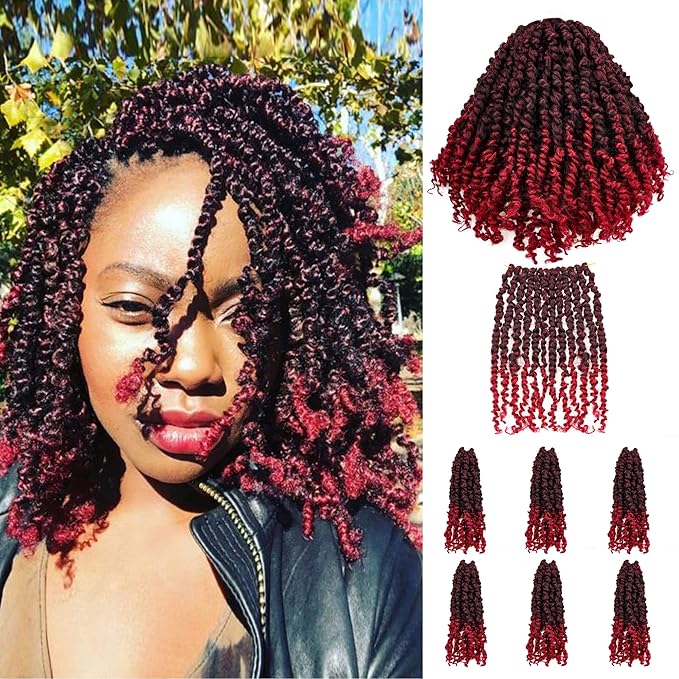 Pre-Twisted Passion Twist Crochet Hair for Black Women Passion Twist Hair Pre Looped Bohemian Braids 10 Inch 7 Packs Ombre Burgundy Short Bob Curly Braiding Hair Extensions(10"-7P,T1B/BUG)