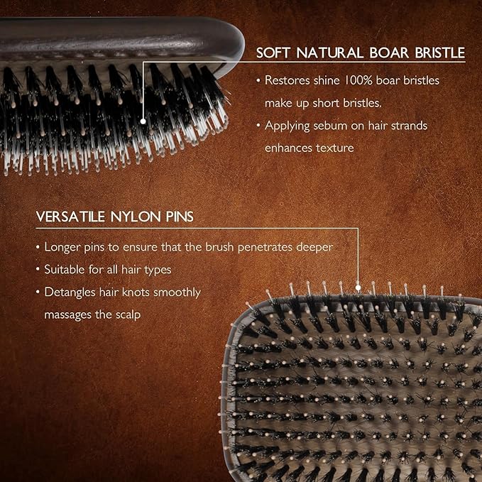 Boar Bristle Hair Brush Set, Soft Bristle Detangler for Long, Short, Thin, Curly, Straight, or Wavy,Hairbrush for Enhancing Shine,Great for Men, Women, and Kids