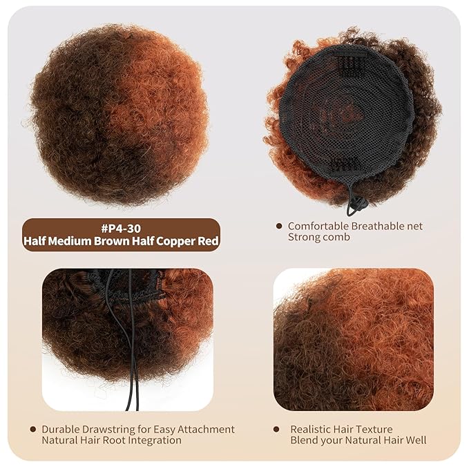4 Inch Small Afro Puff Human Hair Ponytail for Girls Black Women Short Kinky Curly Ponytail Extension Drawstring Ponytail Fake Bun 4c Puffs African American Half Medium Brown Half Copper Red Updo 30g