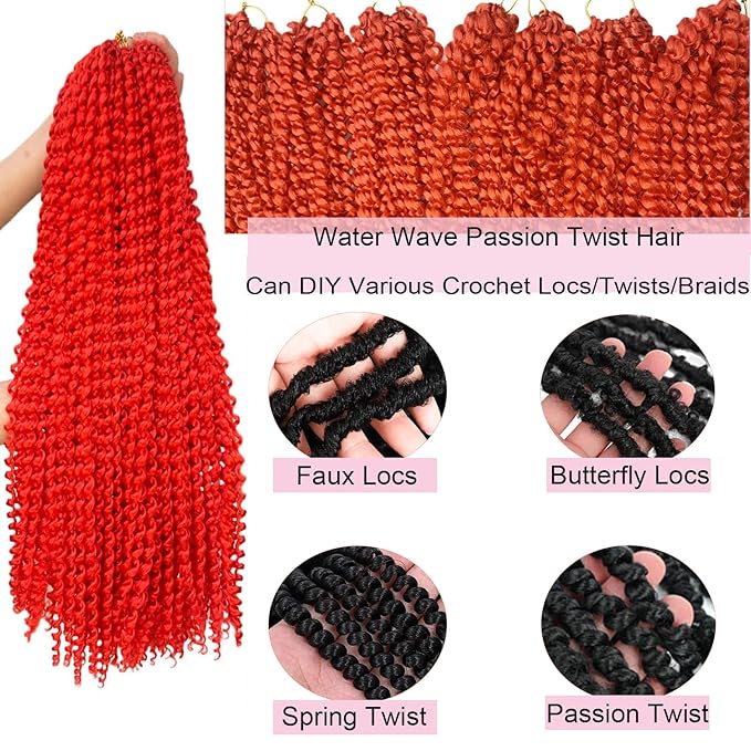 Red Passion Twist Hair, 30 Inch 7 Packs Water Wave Crochet Hair,Wrap Braiding Hair For Passion Twist Crochet Hair/Butterfly Locs/Spring Twist Crochet Braids Boho Hair Extension (30in,Red#)