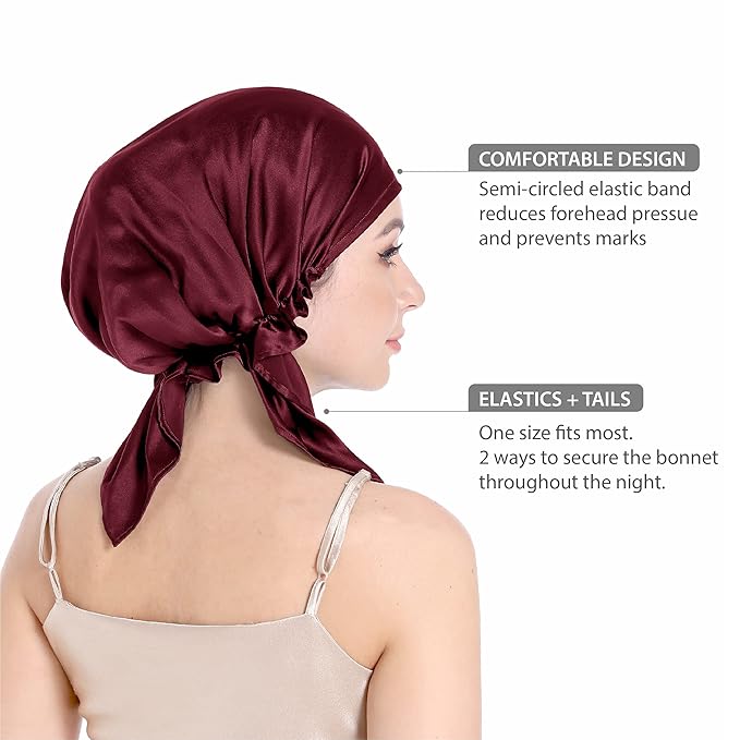 SissiLita 100% Silk Bonnet for Sleeping With Tie Band, Large Sleep Cap for Curly Hair, Wrap for Hair Care (Dark Red)