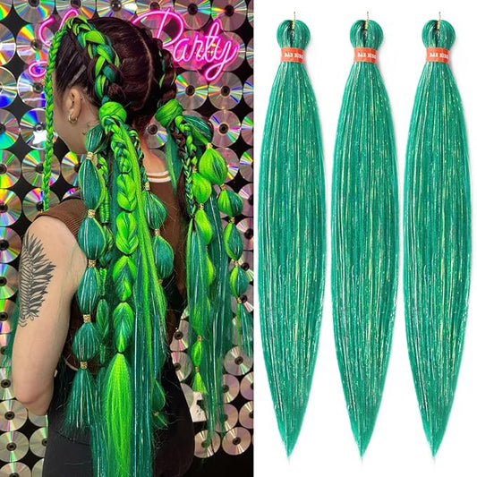 Sparkling Green Pre Stretched Braiding Hair 30 Inch Glitter Box Braid Hair Extensions Shinny 3 Packs Yaki Texture Pre Feathered Festival Braids Hair