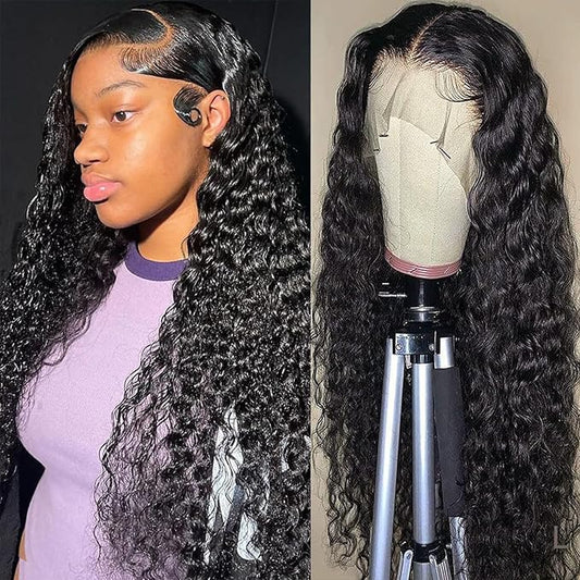 SENSAIRUITE Deep Wave Lace Front Wigs Human Hair 180% Density Curly Lace Front Wig Human Hair 13x4 HD Transparent Glueless Lace Frontal Wigs Pre Plucked Natural Black 30 Inch