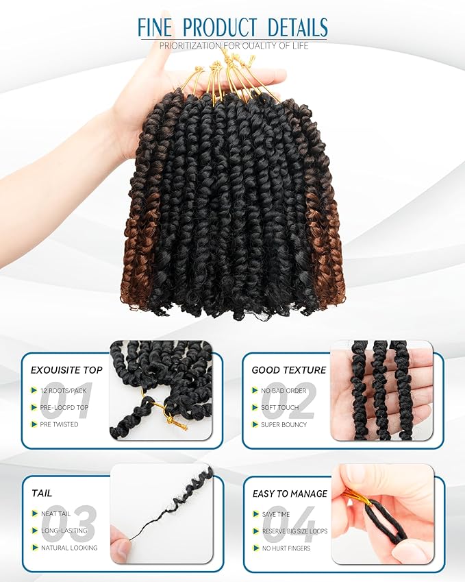 8 Inches 8 Packs Passion Twist Crochet Hair-Mixed Color Combination Package(6 packs 1B+2pack T30),Pre-twisted Pre Looped Synthetic Spring Kinky Twist Hair Extensions(8"-8 Packs,1B+T30)