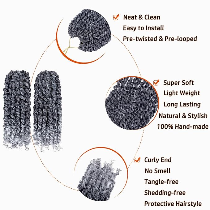Short Passion Twist Hair 6 Inch 8 Packs Pre-twisted Passion Twist Crochet Hair for Women Pre-looped Water Wave Crochet Braids Bohemian Curly Braiding Hair Synthetic Hair Extensions 1B/Gray