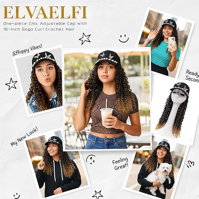 Hat with Gogo Hair Extensions, 16-Inch Synthetic Curly Brown Wig, Beach Curl Crochet Hair for Black Women