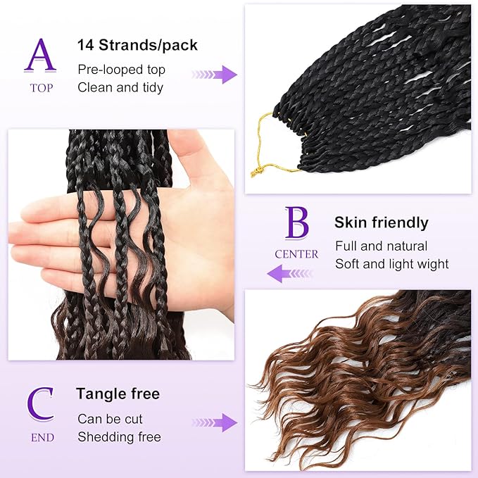 Eacia Goddess Box Braids Crochet Hair 18 Inch 7 Packs Pre Looped Goddess Box Braid Crochet Hair Extensions with Curly Ends Boho Braids for Women(18 Inch, T1B/4/30#)