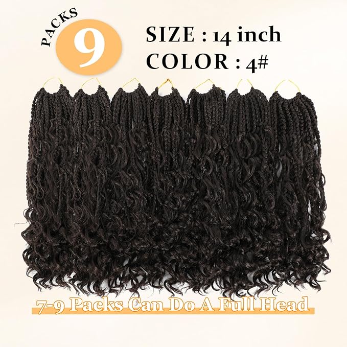 14 Inch Goddess Box Braids Crochet Hair Curly Ends 9 Packs Boho Pre Looped Boho Crochet Box Braids Bohemian Box Braid Crochet Hair For Black Women (14Inch 9Packs,4)