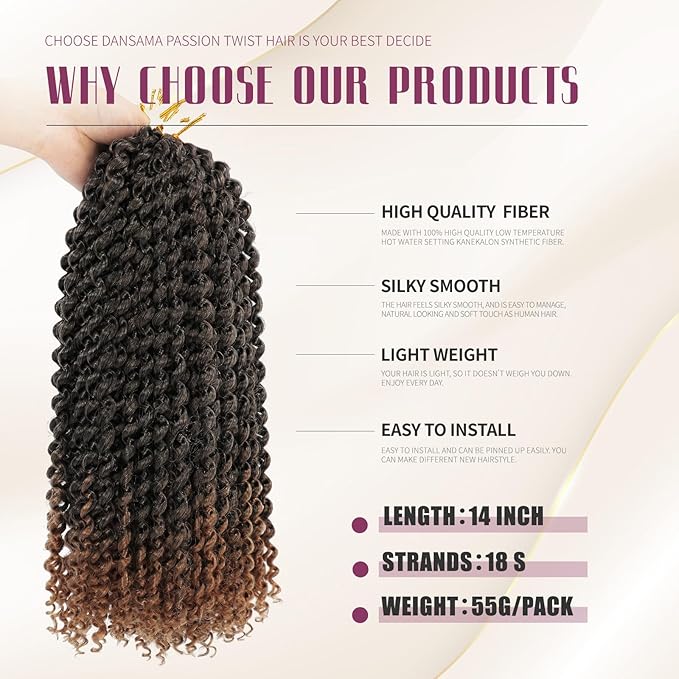 Dansama 7 Packs Passion Twist Hair Water Wave Braiding Hair for Butterfly Style Crochet Braids Bohemian Hair Extensions (14inch (Pack of 7), T1B/30)