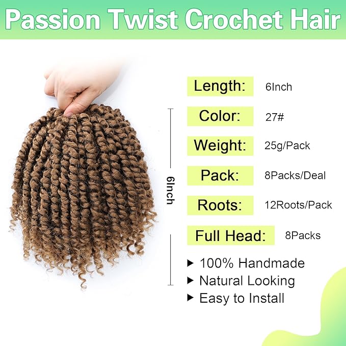 Passion Twist Crochet Hair 6Inch Passion Twist Hair 8 Packs Pre-Twisted Passion Twist Crochet Hair for Black Women Soft Passion Twist Curly Crochet Hair 6"(Pack of 8) 27#