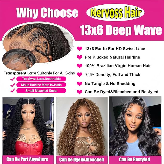 34Inch Deep Wave Lace Front Wigs Human Hair 200% Density 13x6 HD Transparent Deep Curly Lace Front Wigs for Women Pre Plcked Glueless Wigs with Baby Hair