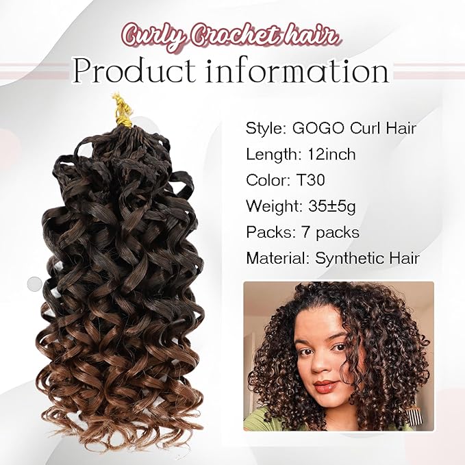 7 Packs Gogo Curl Crochet Hair for Women 12 Inch Pre-Twisted Curly Crochet Hair Pre Looped Deep Ocean Water Wave Beach Curl Crochet Braids Synthetic Braiding Hair Extensions (12 Inch, 1B/30)