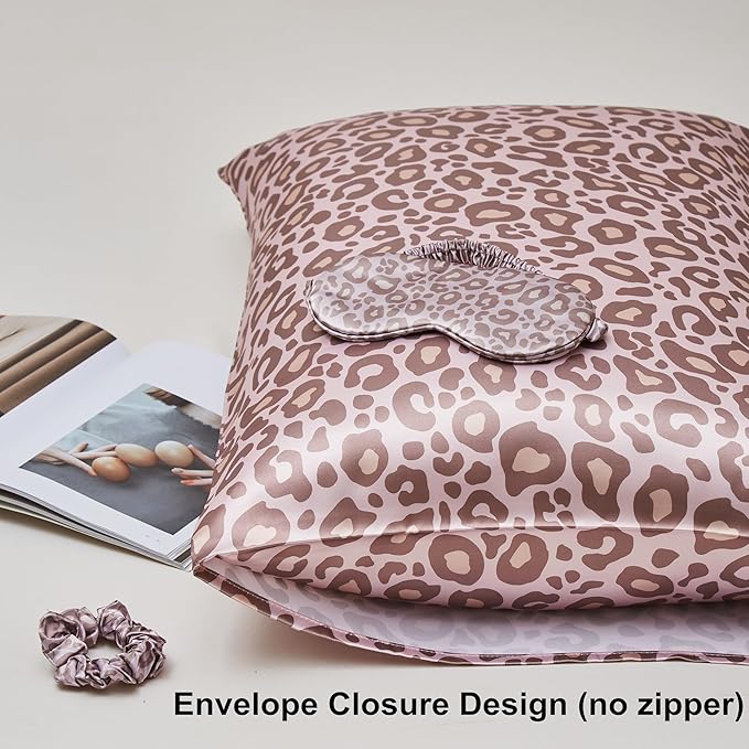 Satin Pillowcase for Hair and Skin, Soft and Cooling Vegan Silk Sleep Set-2 Satin Pillow Cases Queen Size, 1 Eye Mask, 1 Scrunchie, Self Care Essential Night Routine Kit, Pink Leopard