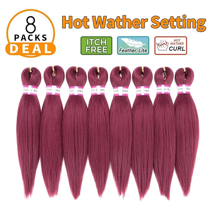 Burgundy Braiding Hair Pre Stretched 12 Inch 8 Packs Braiding Hair Extensions for Box Braids Twists Locs Hair Itch Free Soft Yaki Texture Hot Water Setting (12inch,#Burgundy)
