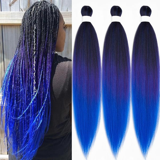 Pre Stretched Braiding Hair Ombre Black Purple Blue Braiding Hair Pre Stretched 26 inch 3 packs Colored Crochet Hair Extensions for Box Braids