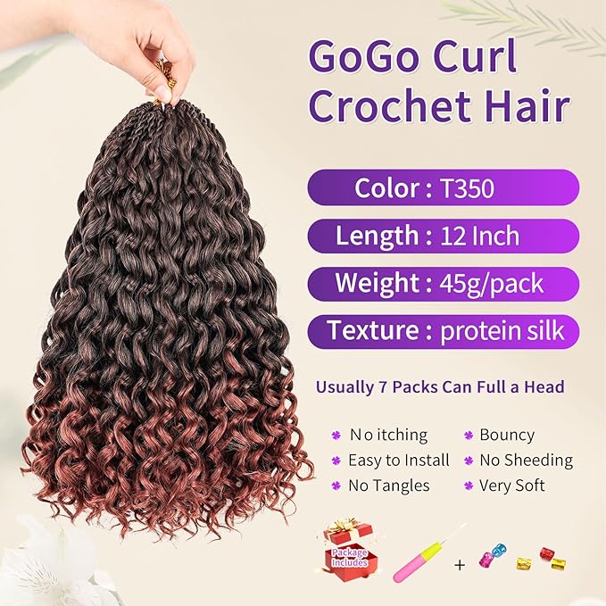 Gogo Curl Crochet Hair Protein Fiber Close to Human Hair 12 Inch 7 Packs Pre looped Water Wave Crochet Hair Deep Twist Synthetic Braiding Hair for Women (T350, 12Inch)