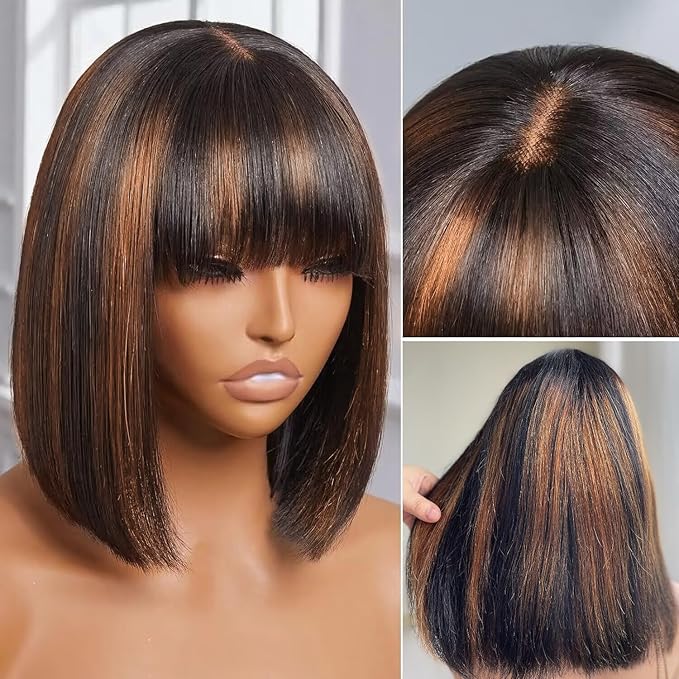 UMEGOOD Bob Wig Human Hair with Bangs Glueless 2.5x1 HD Lace Colsure Wigs Human,Yaki Bob Wig with Brown Highlights, Ready to Go Short Wigs For Women Beginner Friendly 10 Inch