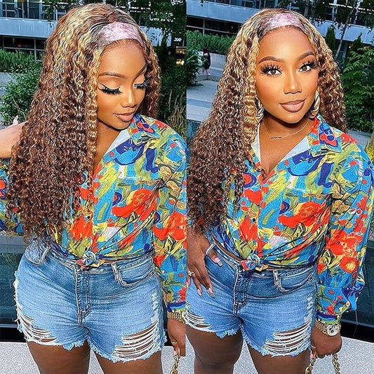 Highlight Ombre Headband Wig Human Hair Curly None Lace Front Water Wave Human Hair Wigs for Black Women #4/27 Glueless Brazilian Ombre Deep Wave Headband Wig 28 Inch