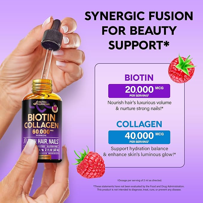 Liquid Biotin & Collagen 60,000 mcg - Vitamins for Hair Growth Support - Extra Strength Drops for Women & Men - Liquid Collagen Supplement - Strong Nails & Healthy Skin - Made in USA - 2 Fl Oz