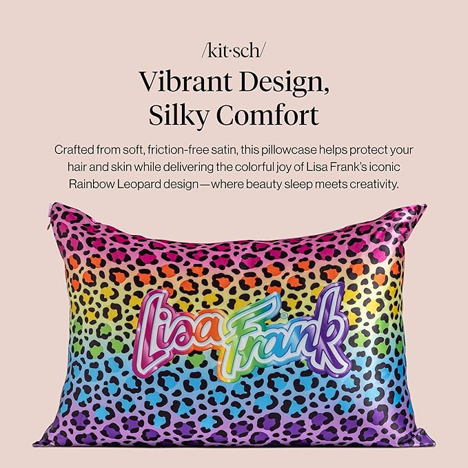 Kitsch x Lisa Frank Satin Pillowcase with Zipper for Hair & Skin, Softer Than Silk Pillow Cases Queen, Wrinkle-Free, Smooth and Cooling Satin Pillow Covers Standard/Queen Size 19x26 - Rainbow Leopard