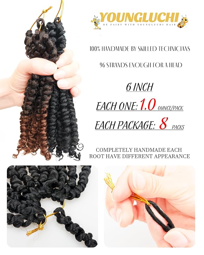 6 Inch 8 Packs Mixed Colors Combo Pack,Pre Looped Pretwisted Passion Twist Crochet Hair For Women-Super Short Crochet Hair Extensions Braided by Synthetic Spring Kinky Twist Bohemian Curls(1B+T30)