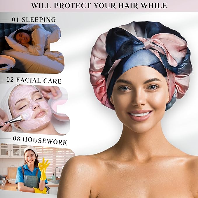 100% Mulberry Silk Bonnet with Ties – Adjustable 19 Momme Double-Layer Reversible Hair Wrap – Stay-On Sleep Cap for Women, Curly Hair, Natural Hair Care – Handmade in USA (Blue & Blush)