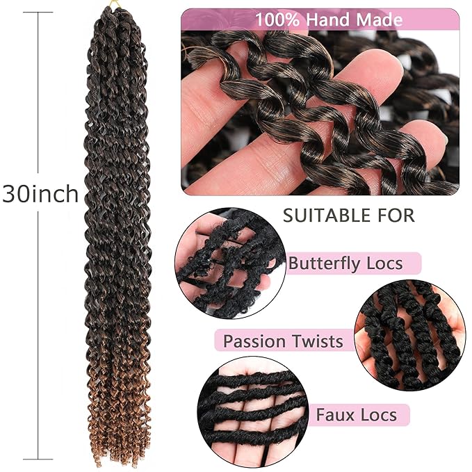 Passion Twist Crochet Hair Brown 30 Inch 8 Packs Long Passion Twist Hair Water Wave Braiding Hair Curly Spring Twist Hair Synthetic Hair Extension (30 Inch (Pack of 8), T30)