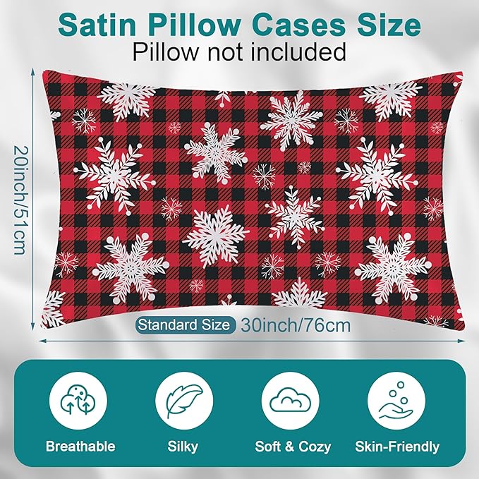 1 Pack Christmas Snowflakes Satin Pillowcase Red Christmas Plaid Similar to Silk Pillow Cases for Hair and Skin, Soft Smooth Breathable Cool Pillow Cases, with Hidden Zipper Queen Size 20" x 30"