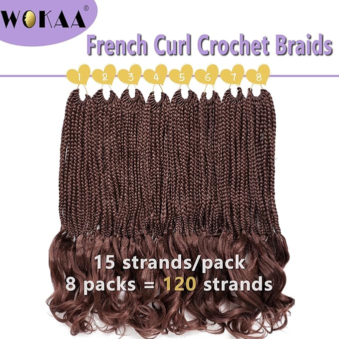 French Curly Braiding Hair Prelooped 18 Inch Dark Auburn Crochet Hair for Women 8 Packs Short Crochet Braids with Curly Ends Synthetic Hair Extension 33#