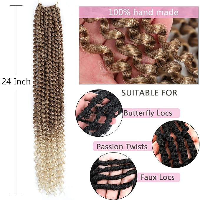 Passion Twist Hair Blonde 24 Inch 8 Packs Passion Twist Crochet Hair For Women Curly Braiding Hair Long Water Wave Hair Synthetic Hair Extension (24 Inch (Pack of 8), 27/613#)