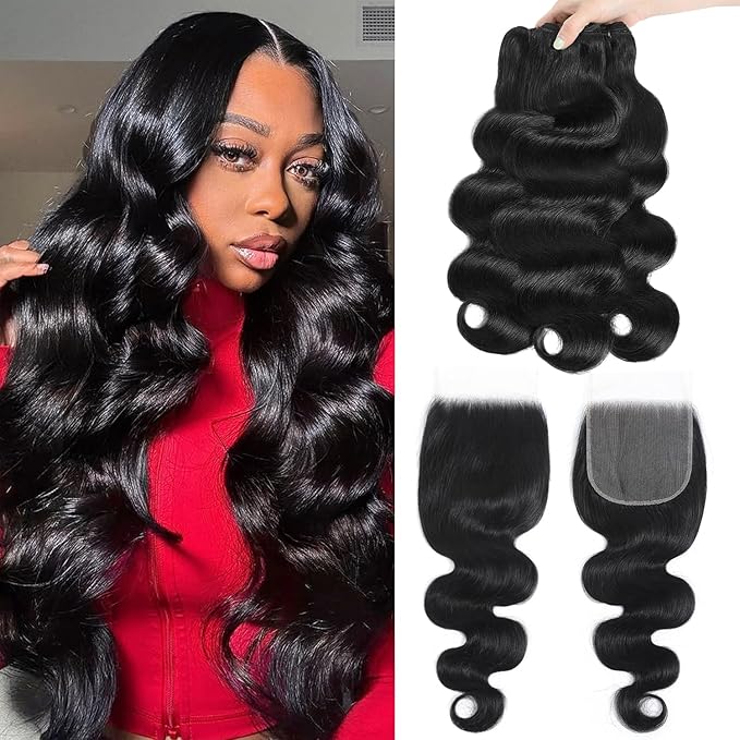 12A Human Hair Bundles with Closure Body Wave Bundles 12 14 16+12 Inch 5X5 HD Lace Closure Human Hair 100% Brazilian Virgin Hair Extensions 3 Bundles Deals Hair Quick Weave Bundle for Women
