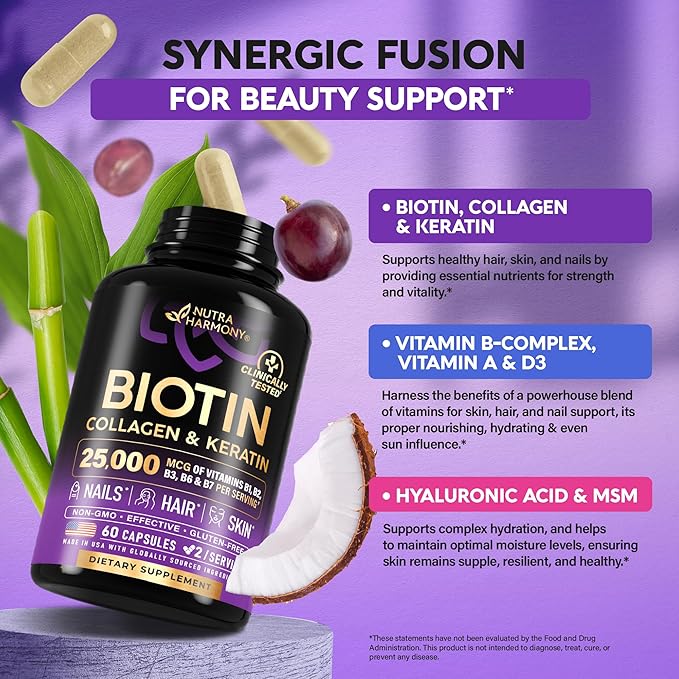 Biotin | Collagen | Hyaluronic Acid | Keratin - Clinically Tested Supplement** - Hair Growth Support, Skin & Nails - 25000mcg Vitamins B1, B2, B3, B6 & B7 - for Women & Men - Made in USA | 60 Capsules