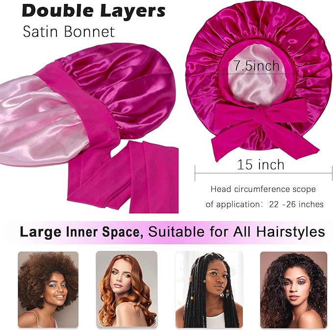 Satin Bonnet with Tie Band,Silk Hair Bonnet for Sleeping Women,Bonnets for Women,Double Layer Sleep Cap for Braids Curly Hair
