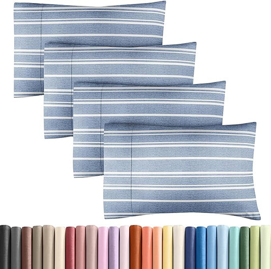 King Pillow Cases Set of 4 - Ultra Soft Hotel Quality Pillowcase Covers - Comfy, Cozy & Wrinkle Free - Shrinkage and Fade Resistant - Machine Washable Pillow Protectors - 4 Piece Set - Blue Stripes 3