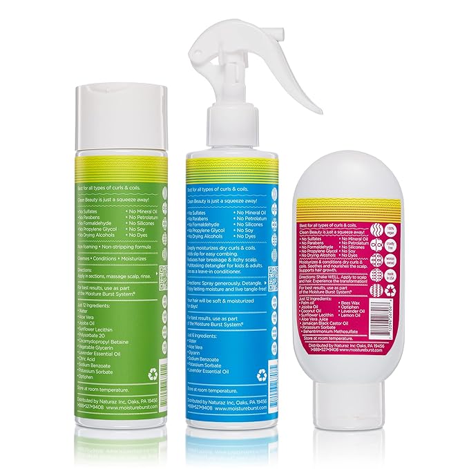 3-Step Moisture Burst System for Tight Curls & Coils with Curly Hair Shampoo, Leave In Conditioner Spray & Hair & Scalp Moisturizer – Softens Dry Hair, Detangles, Boosts Growth & Soothes Scalp