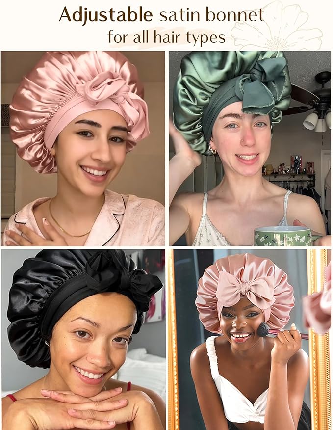 YANIBEST Silk Bonnet for Sleeping Women Adjustable Double Layer Satin Bonnet Reduce Friction Prevent Frizz Natural Curly Hair