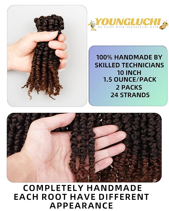 Pre-Twisted Passion Twist Crochet Hair for Black Women Passion Twist Hair Pre Looped Bohemian Braids 10 Inch 2 Packs Ombre Black to Brown Short Bob Curly Braiding Hair Extensions(10"-2P,T1B/30)