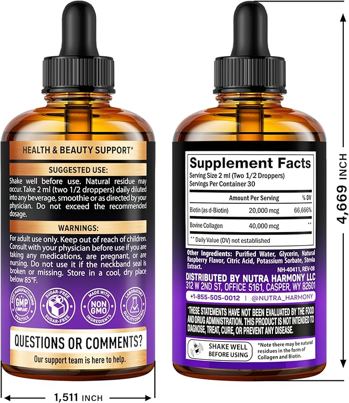 Liquid Biotin & Collagen 60,000 mcg - Vitamins for Hair Growth Support - Extra Strength Drops for Women & Men - Liquid Collagen Supplement - Strong Nails & Healthy Skin - Made in USA - 2 Fl Oz