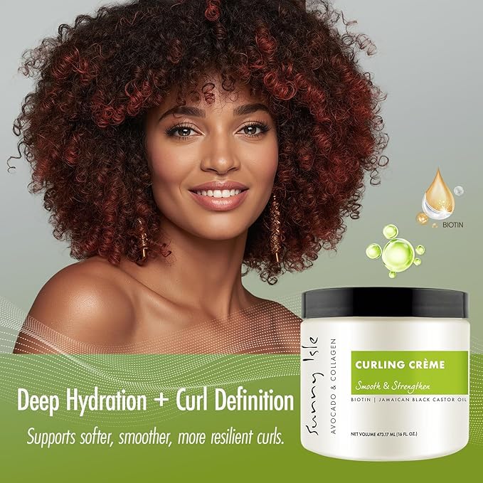 Sunny Isle Avocado and Collagen Curling Crème 16oz | Biotin and Jamaican Black Castor Oil Infused | Lightweight Formula For Waves, Curls and Twists