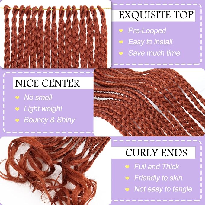 French Curl Crochet Braids 22 Inch 8 Packs Goddess Box Braids Crochet Hair for Women Ginger Pre Looped Crochet Box Braid with Curly Ends Synthetic French Curly Braiding Hair Extensions (350#)