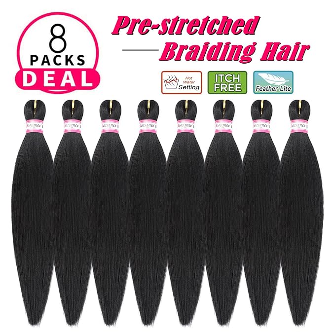 Pre-Stretched Braiding Hair Extensions Black-16 Inch 8 Packs Synthetic Braiding Hair Crochet Braids, Natural Easy Braid Crochet Hair, Hot Water Setting Professional Soft Yaki Straight Texture (#1B)