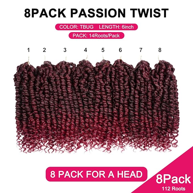 Passion Twist Hair For Kids - 8 Packs 6 Inch Passion Twist Crochet Hair For Women, Crochet Pretwisted Curly Hair Passion Twists Synthetic Braiding Hair Extensions(6 Inch 8 Packs, TBUG)