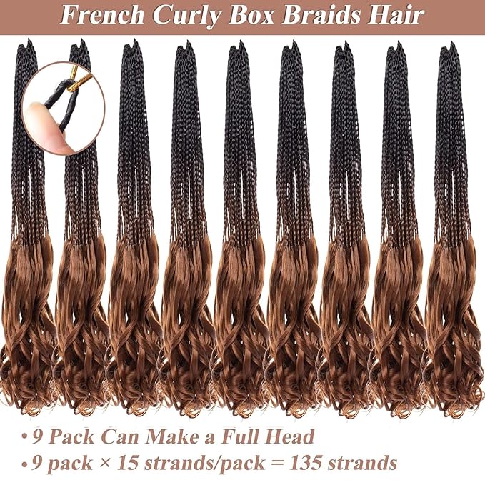 9 Packs French Curl Crochet Braids 24 Inch Pre Looped Crochet Box Braids with Curly Wavy Ends Ombre Brown Synthetic Bohemian Braiding Hair Extensions for Women…