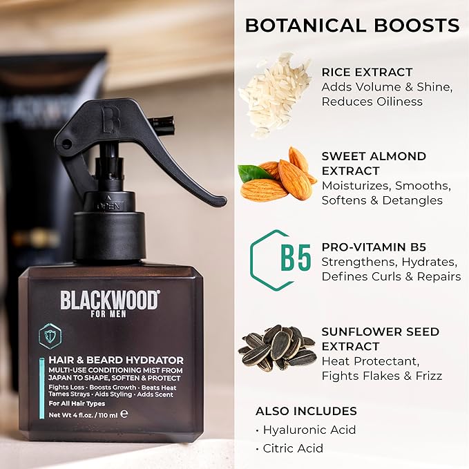 Blackwood For Men Hair & Beard Hydrator Spray - Natural Leave-In Conditioner - Moisturizes, Texturizes, Shapes & Detangles - Ideal for Beard Growth & Care - Vegan Men's Grooming Essential (4 oz)