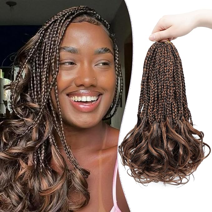 French Curly Braiding Hair Pre looped 12 Inch 8 Packs Short Crochet Hair for Women Dark Brown mix Brown Crochet Box Braids with Curly Ends Synthetic Hair Extensions P4/30#