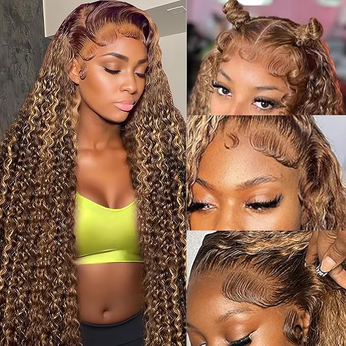 Highlight Ombre Lace Front Wig Human Hair 13x4 HD Honey Blonde 4/27 Deep Wave Lace Front Wigs Human Hair 250% Density Glueless Wigs Human Hair 26Inch