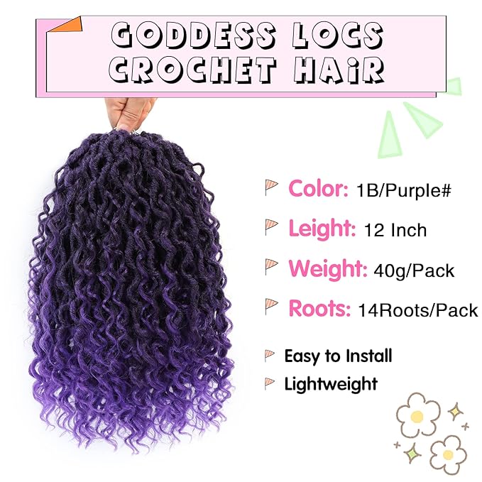 Fulcrum Goddess Locs Crochet Hair 12 Inch, 8 Packs New Faux Locs Crochet Hair for Black Women, Crochet locs with Curly Ends (12Inch (Pack of 8), 1B/Purple#)