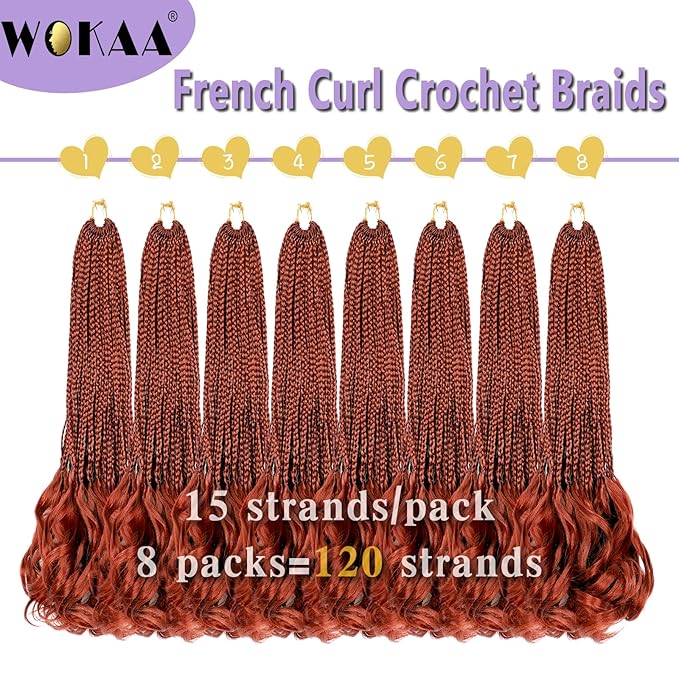 French Curl Crochet Braids 18 Inch 8 Packs Goddess Box Braids Crochet Hair for Women Copper Pre Looped Crochet Box Braid with Curly Ends Synthetic French Curly Braiding Hair Extensions 350#