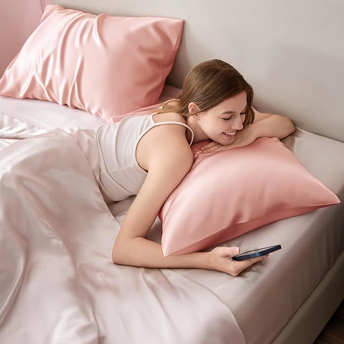 Bedsure Satin Pillowcase for Hair and Skin Queen - Peach Pink Silky Pillowcase 2 Pack with Envelope Closure, Similar to Silk Pillow Cases, Gifts for Women Men, 20x30 Inches, 2pcs