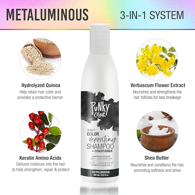 Punky Colour 3-in-1 Hair Color Depositing Conditioner & Hair Cleanser - Metaluminous, Restores & Adds Shine to Faded Hair, 8.5 fl oz.